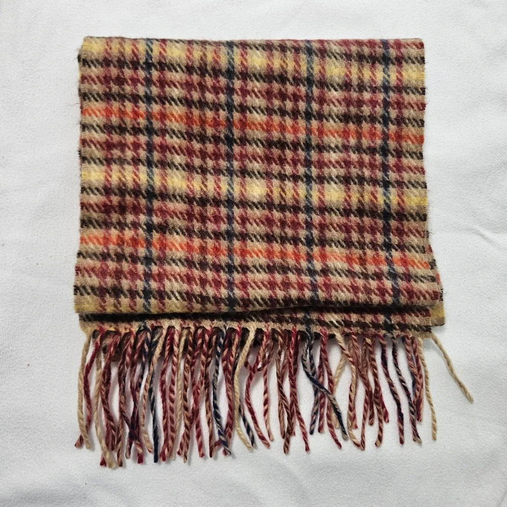 100% Cashmere Plaid Houndstooth Scarf Burgundy Orange Tan Fringe‎ Unisex